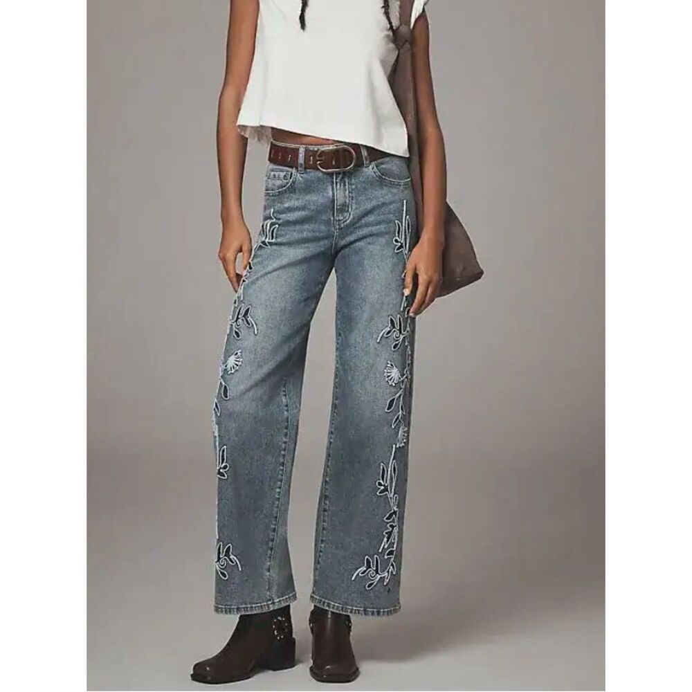 NWOT Anthropologie x Siempre Zoey Embroidered Wide Leg High Rise Jeans